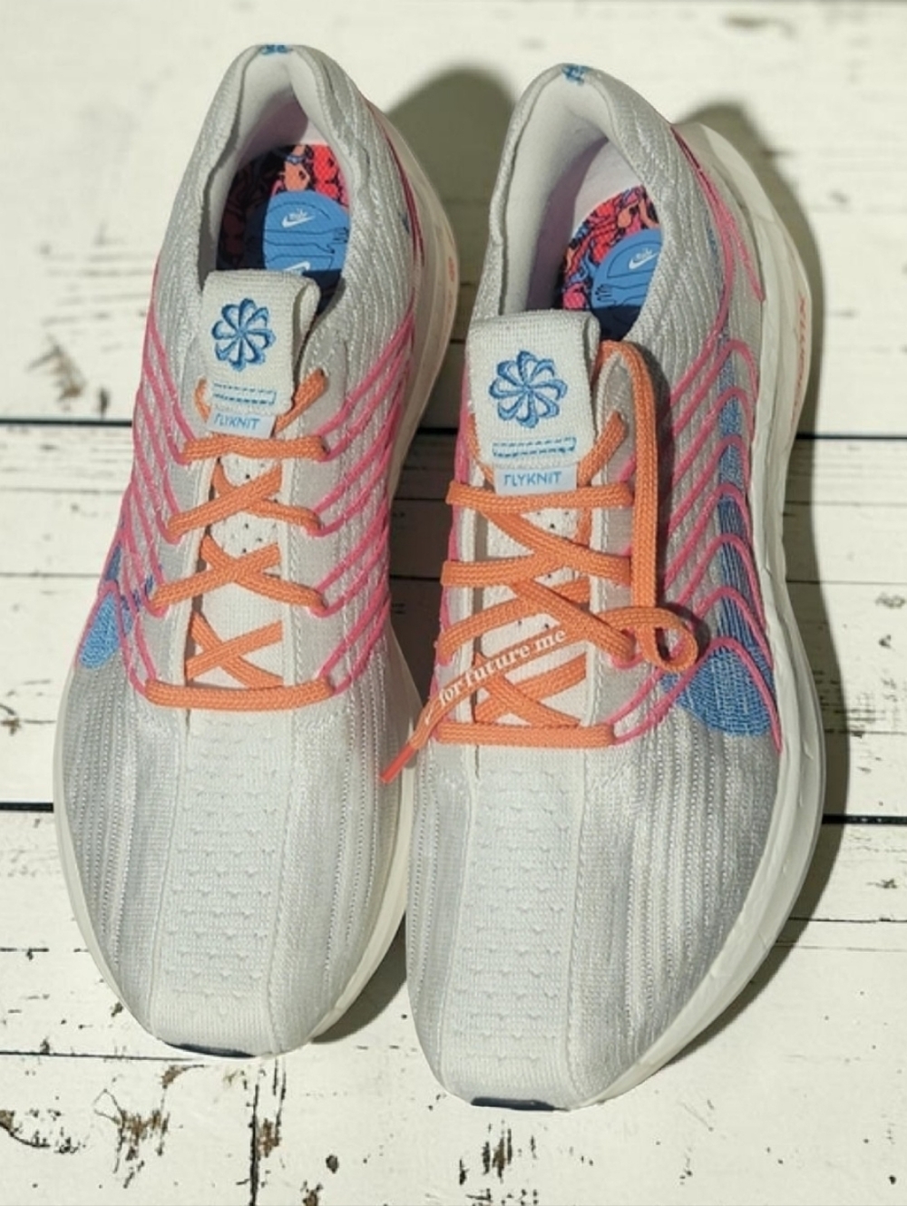 Nike Women's Flyknit Sneakers - White with Pink and Orange Highlights Size 11